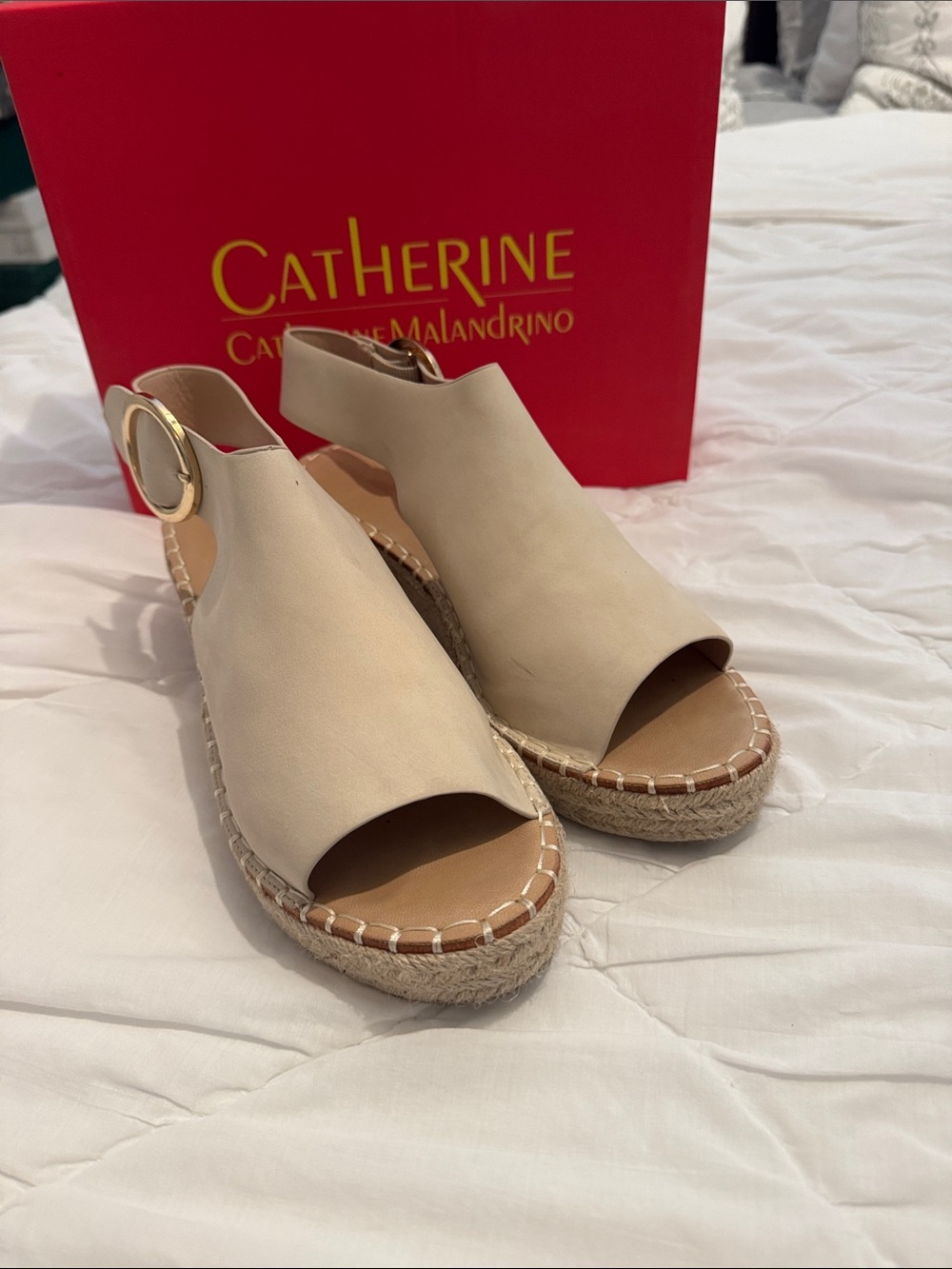 Catherine Malandrino Cream Peep-Toe Espadrille Wedge Sandals with Gold Buckle